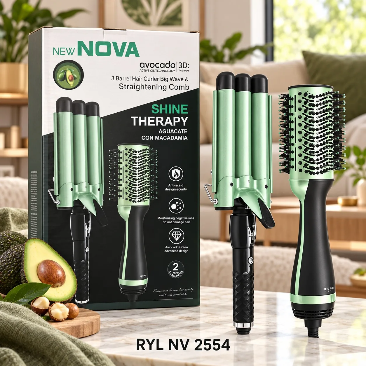 COMBO CEPILLO SECADOR Y PINZA 3 TUBOS AGUACATE NOVA NV 2554