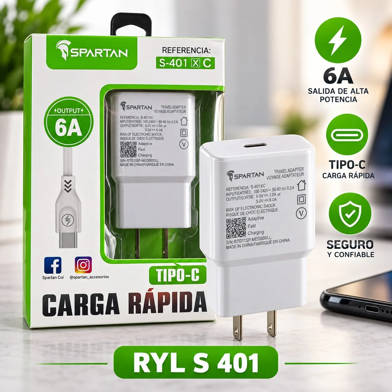 CARGADOR CARGA RÁPIDA DE 6A 30W TIPO C SPARTAN S 401