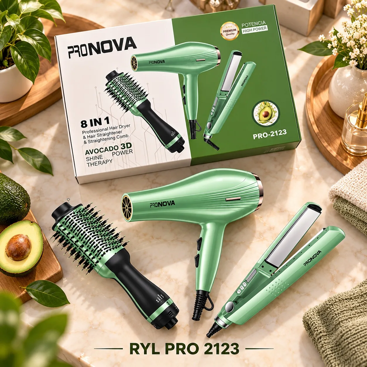 COMBO SECADOR CEPILLO Y PLANCHA AGUACATE 8 EN 1 PRONOVA PRO 2123