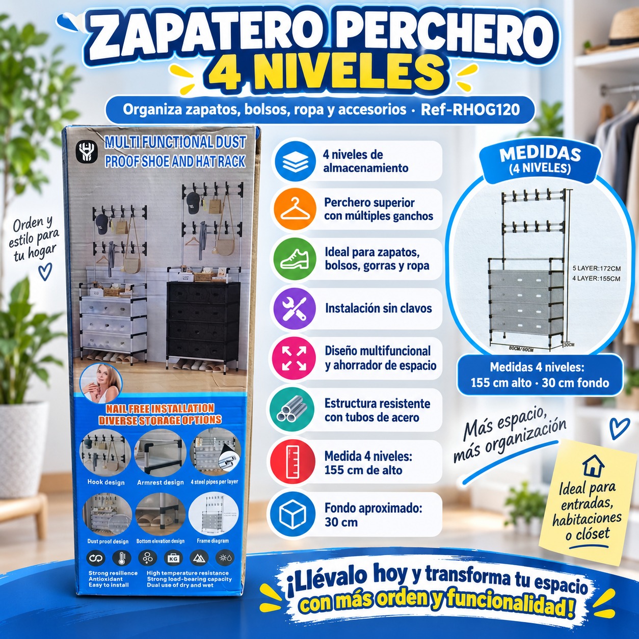 ZAPATERO PERCHERO 4 NIVELES RHOG120 HY7609 4, imagen 1