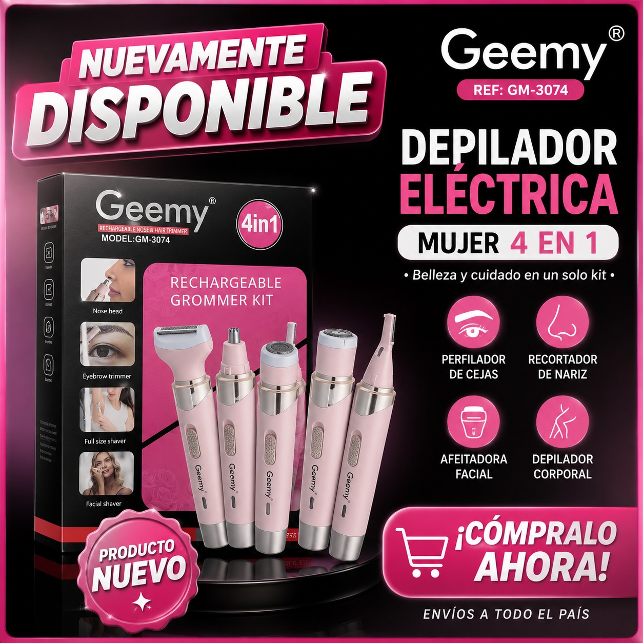 DEPILADOR ELECTRICO PARA MUJER 4 EN 1 GEEMY REF GM3074, imagen 1