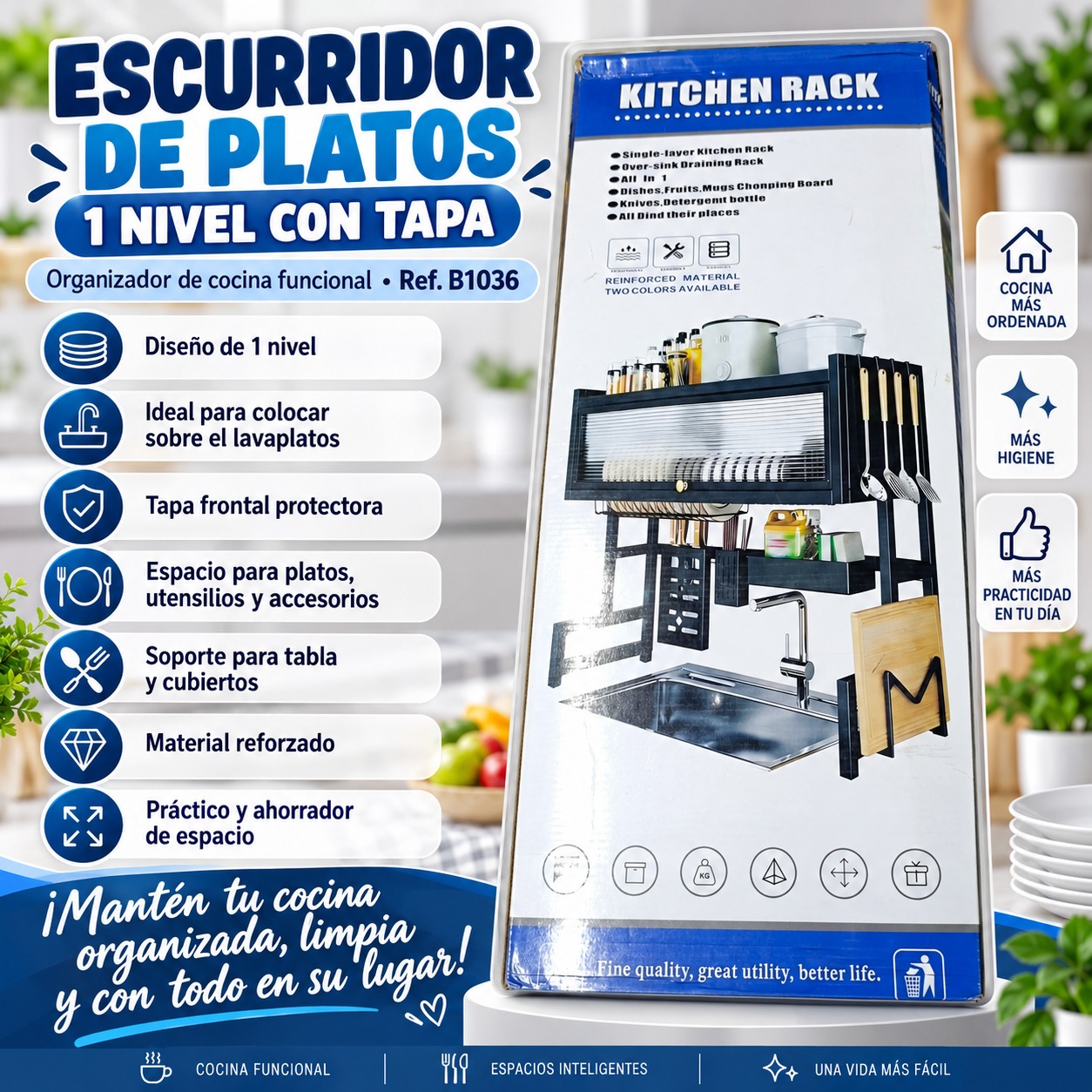 ESCURRIDOR DE PLATOS 1 NIVEL CON TAPA B1036, imagen 1