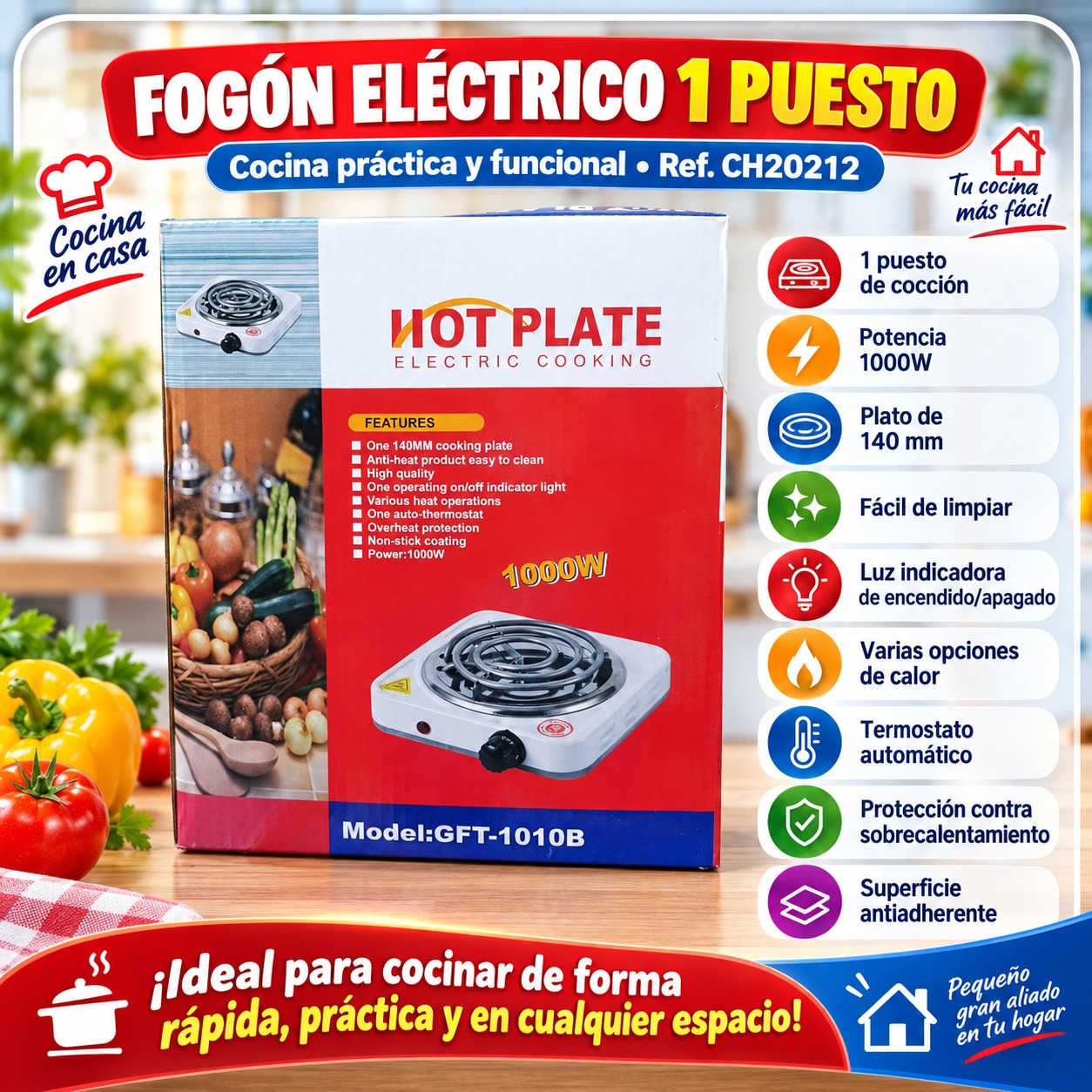 ESTUFA ELECTRICA DE 1 PUESTO 1000W GFT 1010B, imagen 1