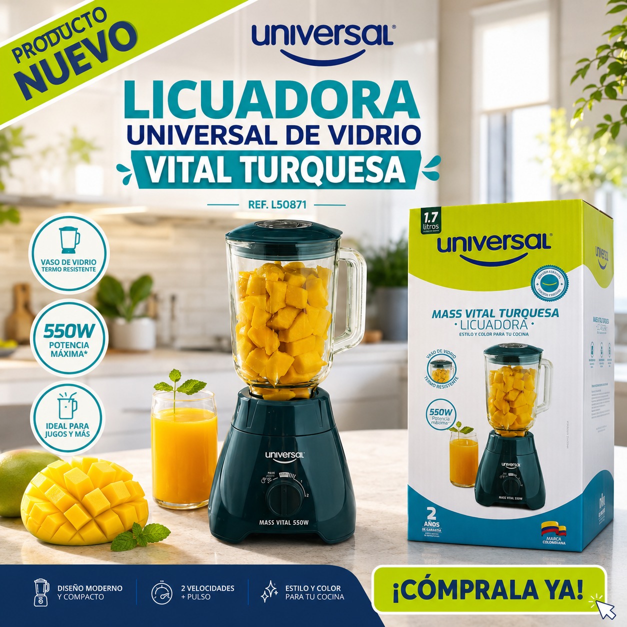 LICUADORA DE VIDRIO UNIVERSAL TURQUESA 550W L50871, imagen 1