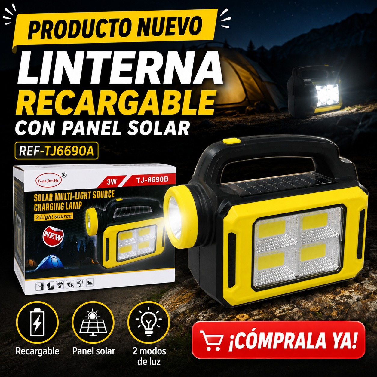 LINTERNA RECARGABLE CON PANEL SOLAR REF. TJ6690A, imagen 1