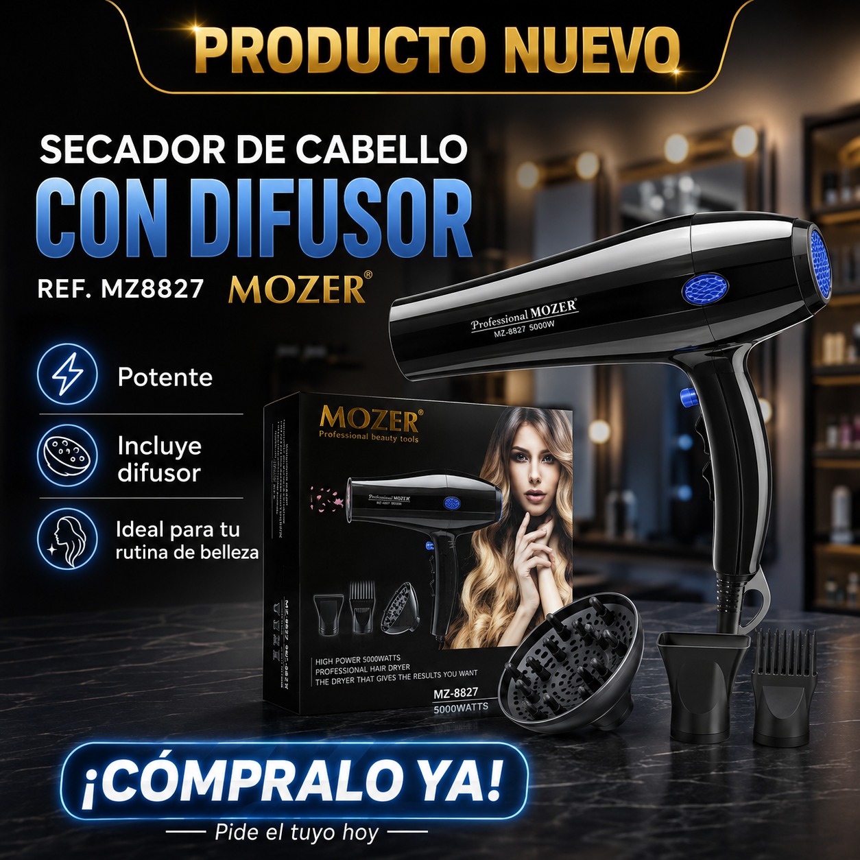 SECADOR DE CABELLO CON DIFUSOR MOZER REF. MZ8827, imagen 1