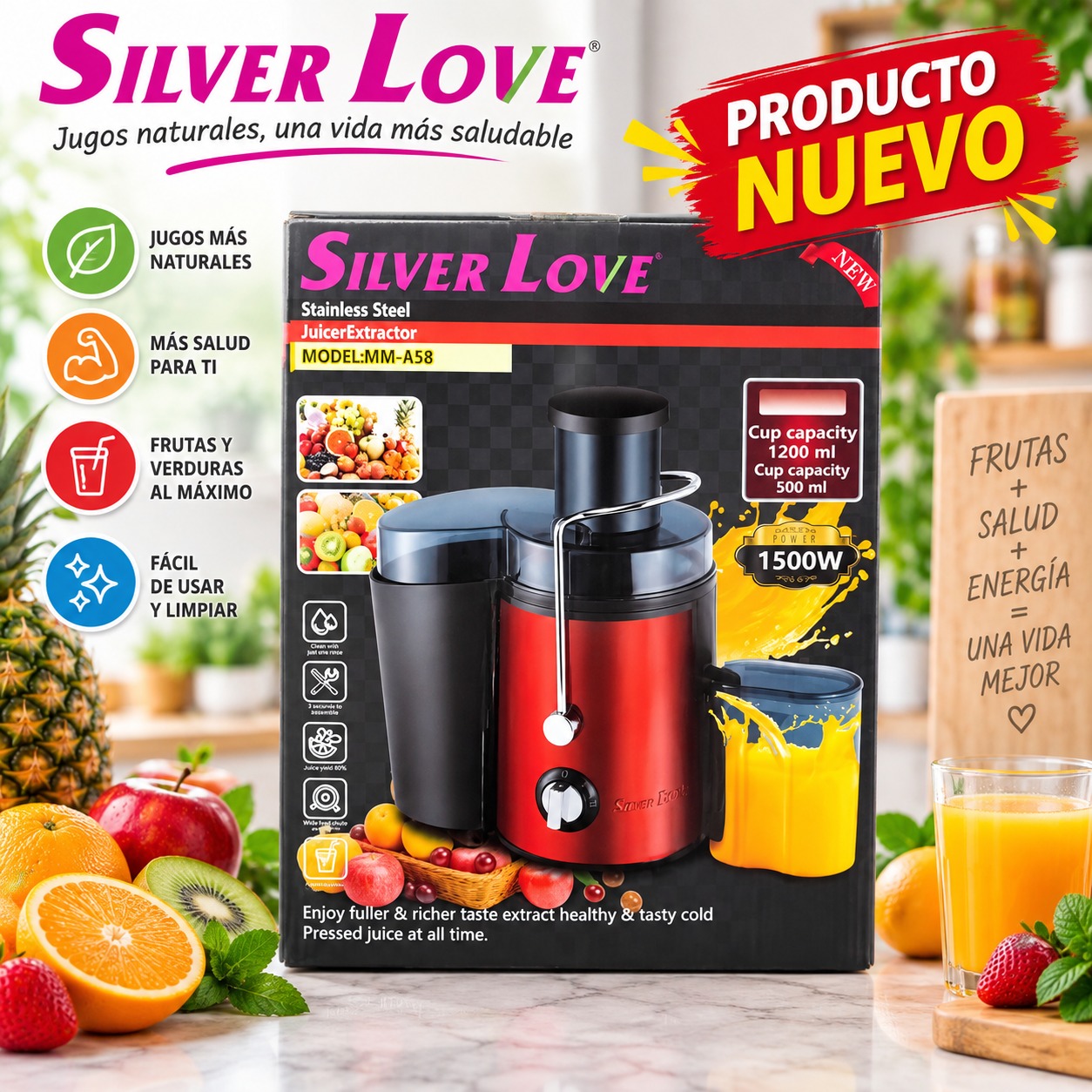 EXTRACTOR DE JUGOS 1500W SILVER LOVE MM A58, imagen 1