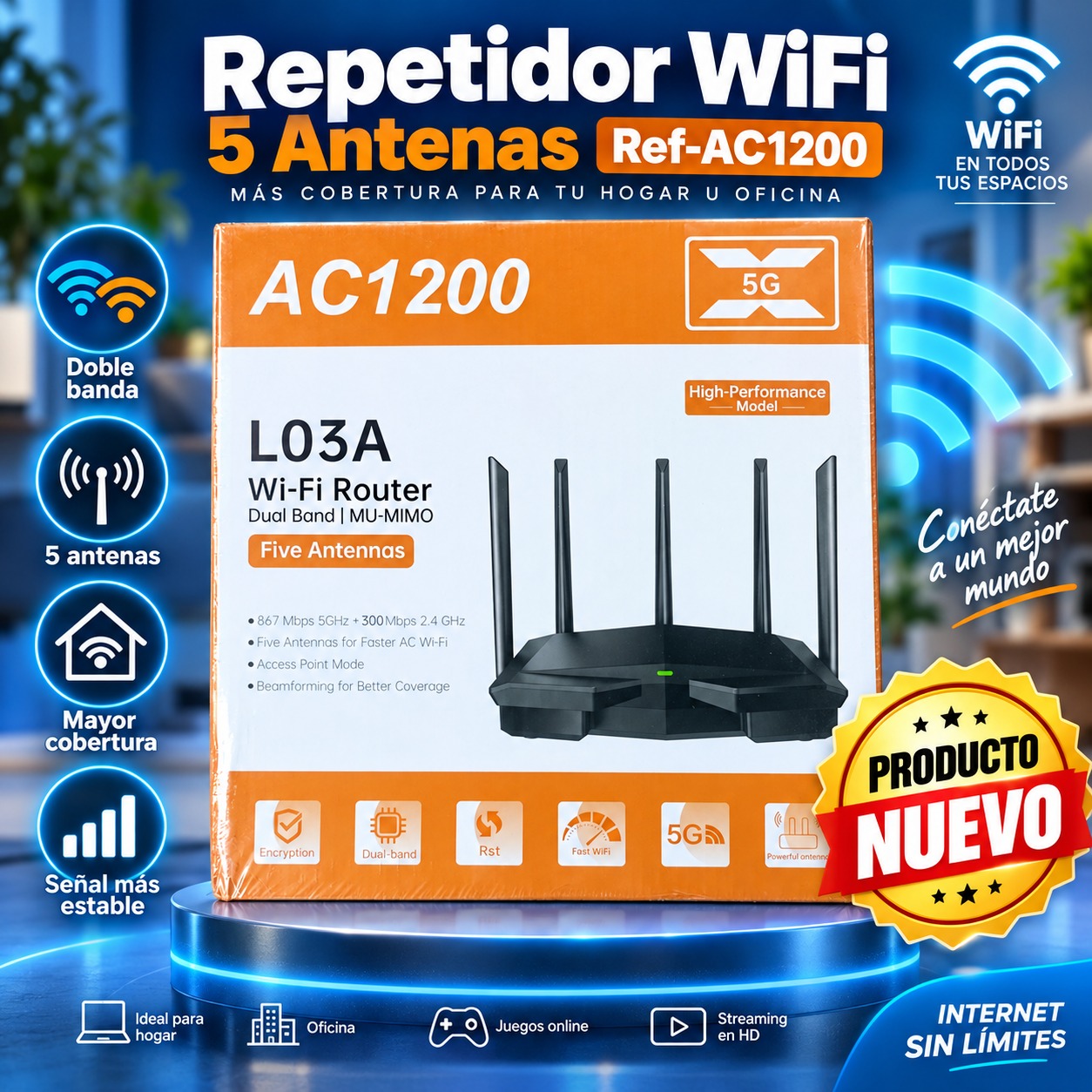 REPETIDOR WIFI 5 ANTENAS REF-AC1200, imagen 1