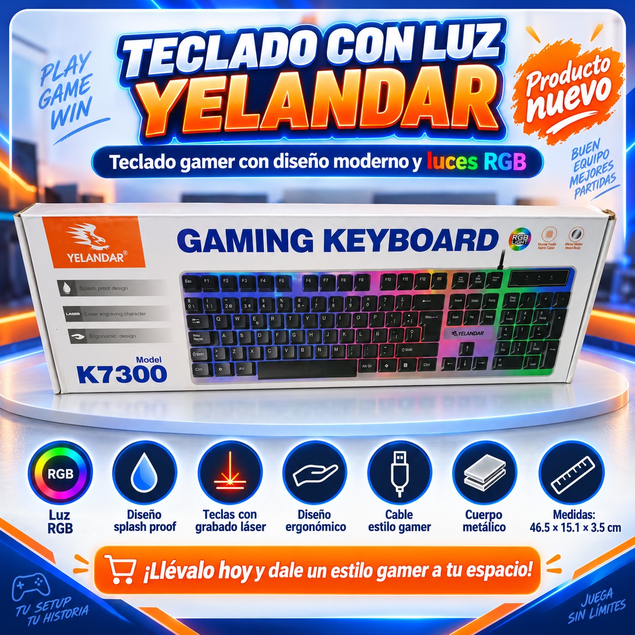 TECLADO CON LUZ YELANDAR – 46.5 × 15.2 × 3.5 CM, imagen 1