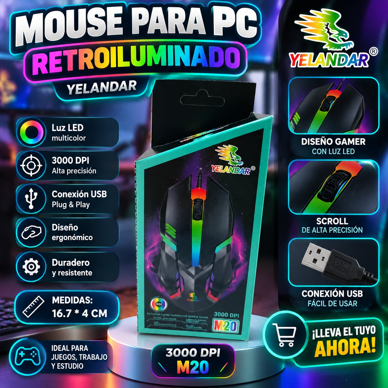 MOUSE PARA PC RETROILUMINADO YELANDAR – 16.7 × 4 CM, imagen 1