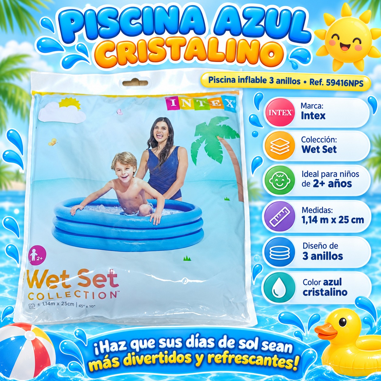 PISCINA AZUL CRISTALINO 3 ANILLOS INFLABLE REF-59416NP – INTEX, imagen 1