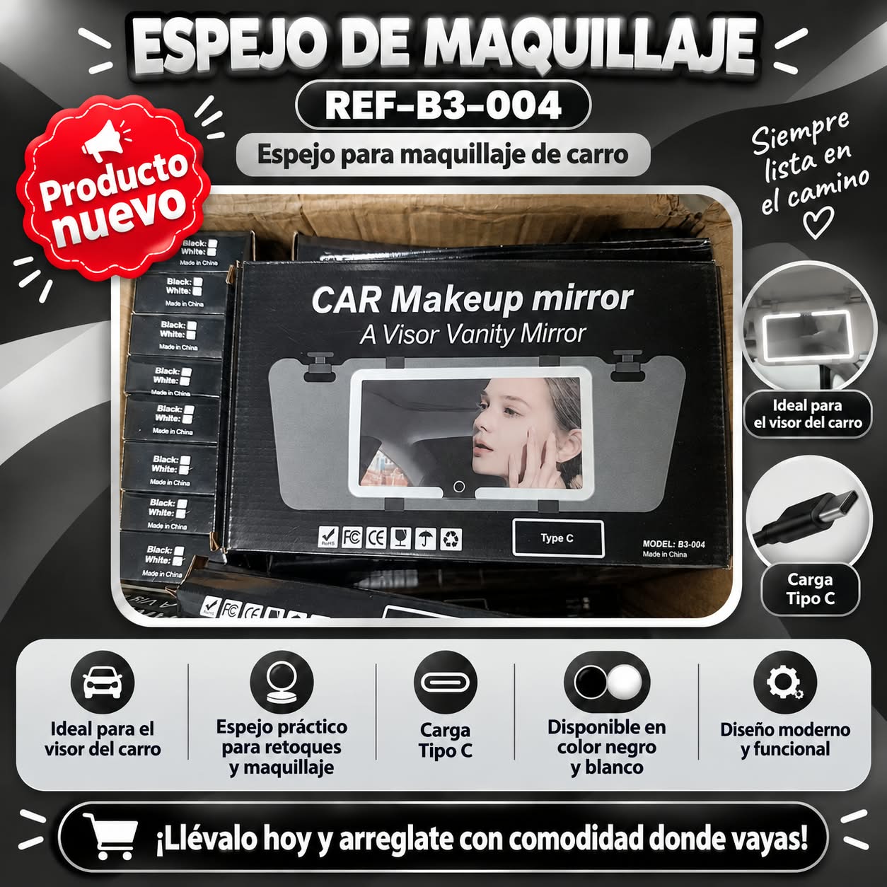 ESPEJO RECARGABLE PARA VISERA DE CARRO YB 019, imagen 1