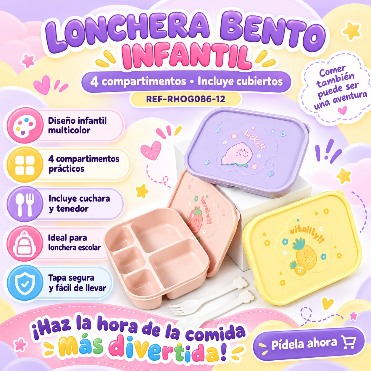 LONCHERA BENTO INFANTIL 4 COMPARTIMENTOS REF-RHOG086-12, imagen 1
