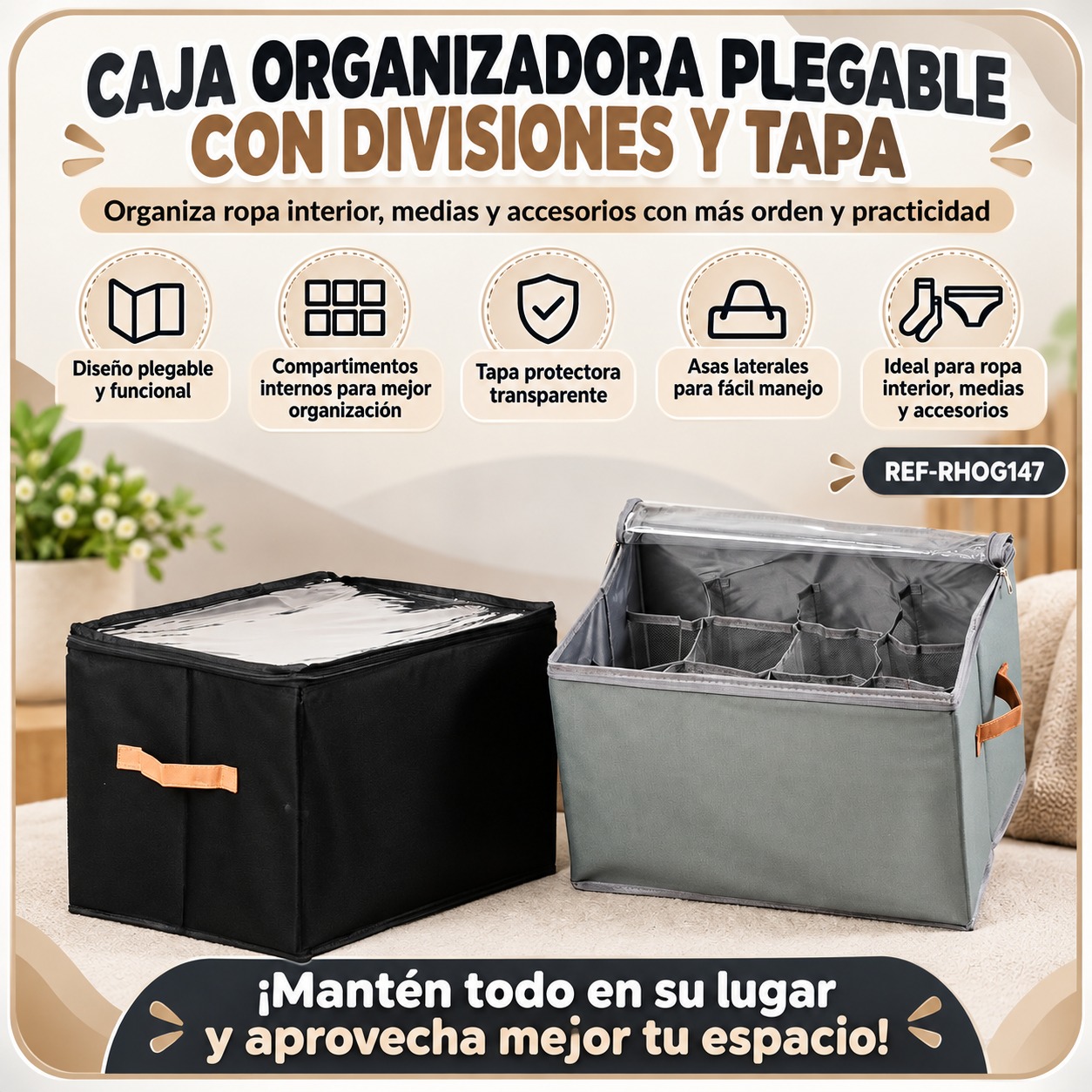 CESTA ORGANIZADORA CON DIVISIONES Y TAPA RHOG147, imagen 1