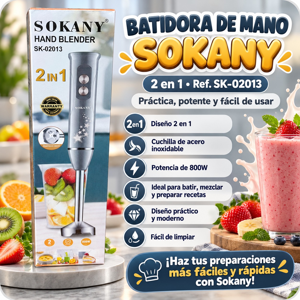 BATIDORA DE MANO 2 EN 1 600W SOKANY SK 02013