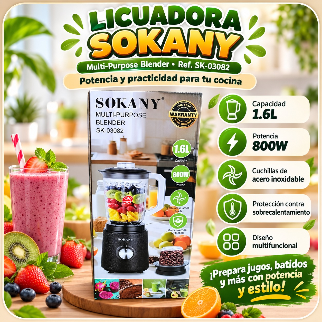 LICUADORA VASO PLASTICO 800W SOKANY SK 03082, imagen 1